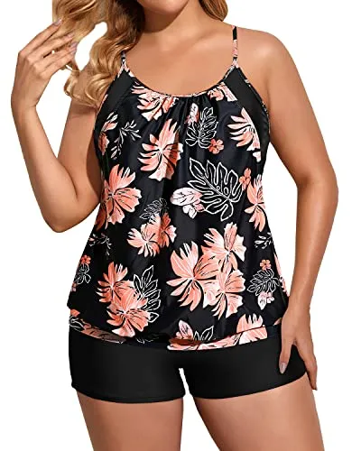 Plus Size Double Layer Tankini Set Swimsuits For Women-Black And Orange Floral