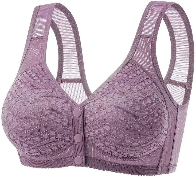 Plus Size Everyday Snap Lace Bras - Women Front Close Push Up Wirefree Bra Soft Support Breathable Mesh Sports Bralette