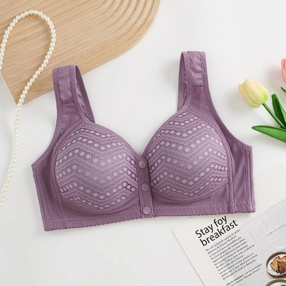 Plus Size Everyday Snap Lace Bras - Women Front Close Push Up Wirefree Bra Soft Support Breathable Mesh Sports Bralette