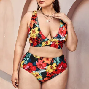 Plus Size Floral Print High Waist Tankini Set