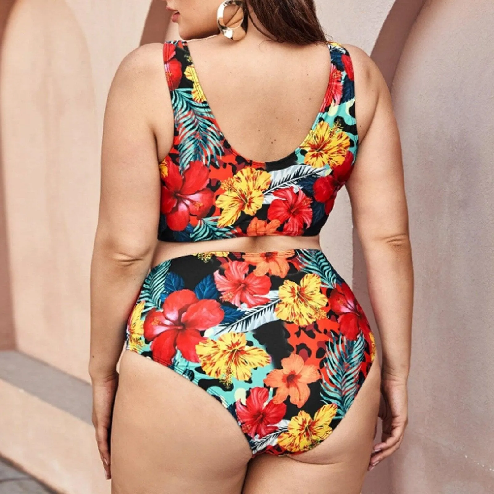 Plus Size Floral Print High Waist Tankini Set