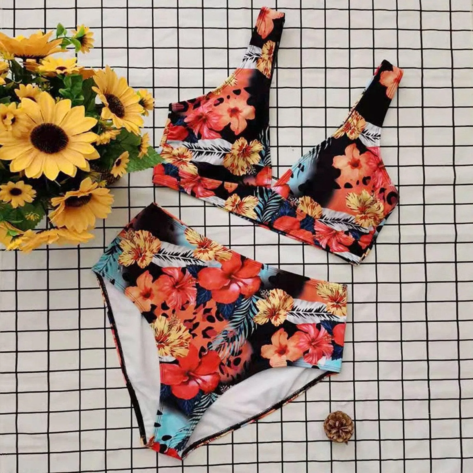Plus Size Floral Print High Waist Tankini Set