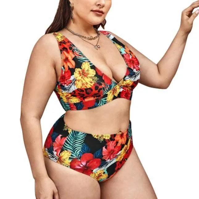 Plus Size Floral Print High Waist Tankini Set