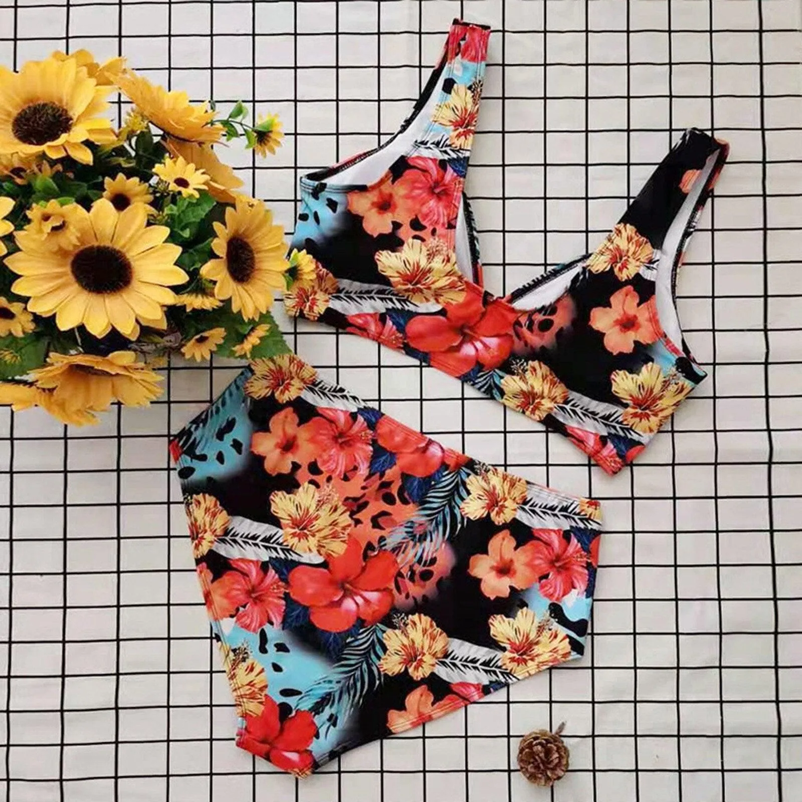 Plus Size Floral Print High Waist Tankini Set