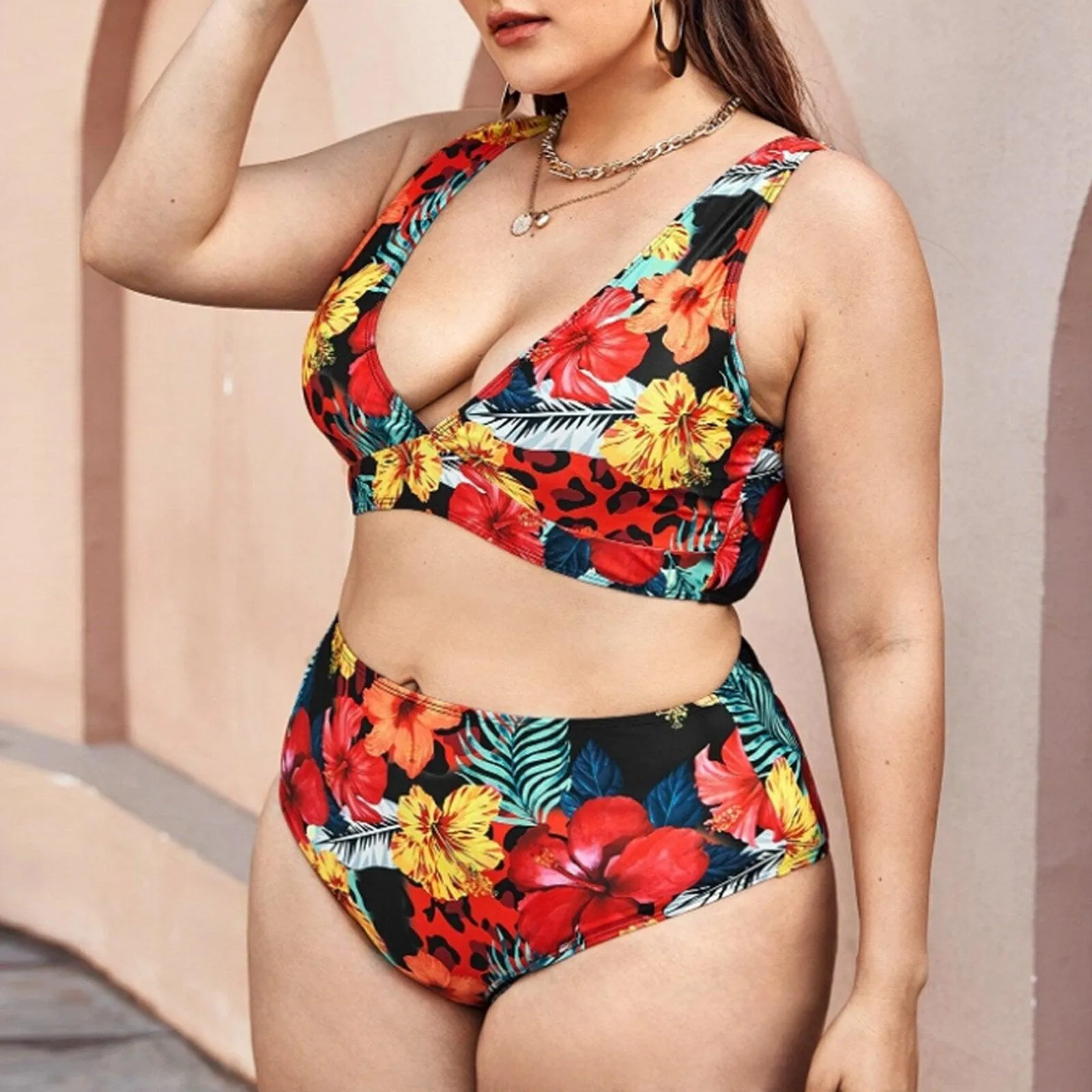 Plus Size Floral Print High Waist Tankini Set