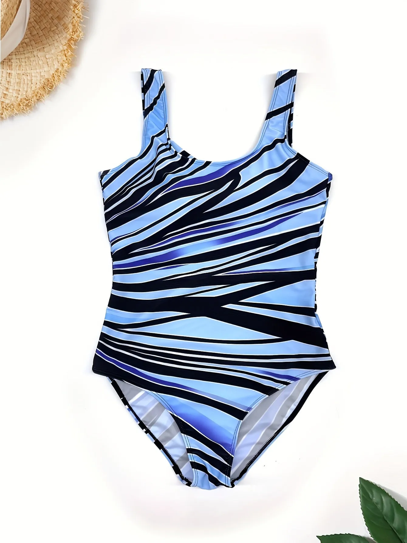 Plus Size Geometric Print Round Neck Medium Stretch One Piece Swimsuit For Older Women