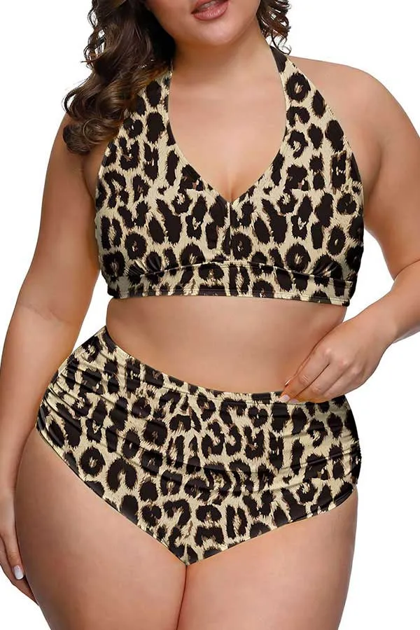 Plus Size Halter Leopard Print High Waisted Two Piece Swimsuit