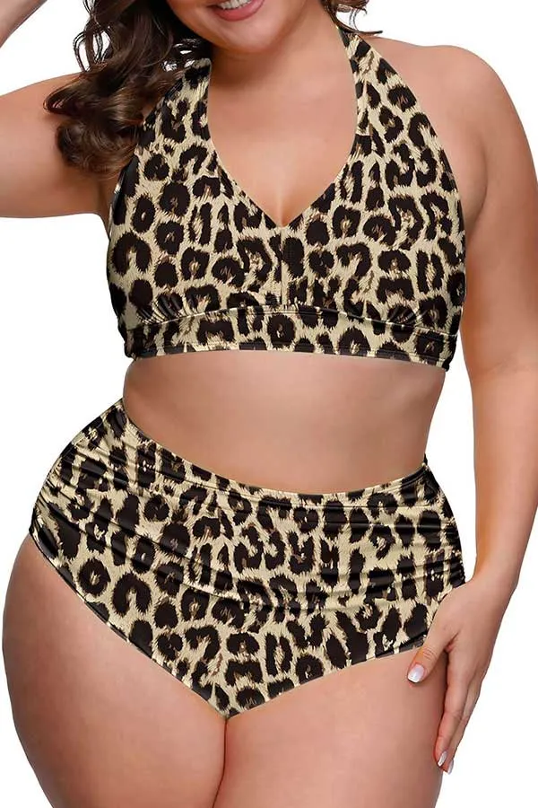 Plus Size Halter Leopard Print High Waisted Two Piece Swimsuit