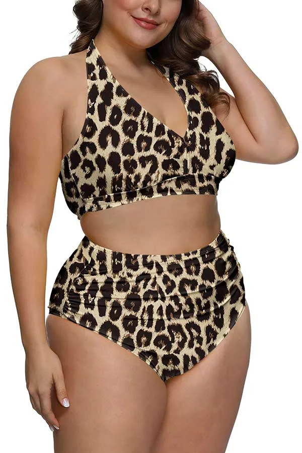 Plus Size Halter Leopard Print High Waisted Two Piece Swimsuit