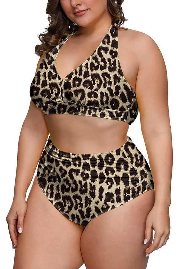 Plus Size Halter Leopard Print High Waisted Two Piece Swimsuit