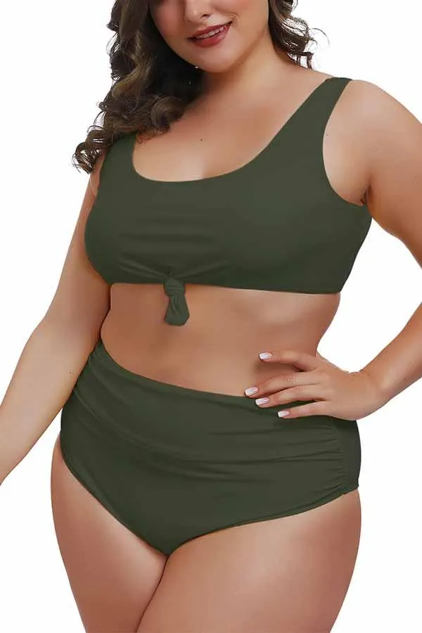 Plus Size Knotted Crop Top High Waisted Two Piece Swimsuit