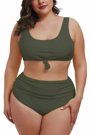 Plus Size Knotted Crop Top High Waisted Two Piece Swimsuit