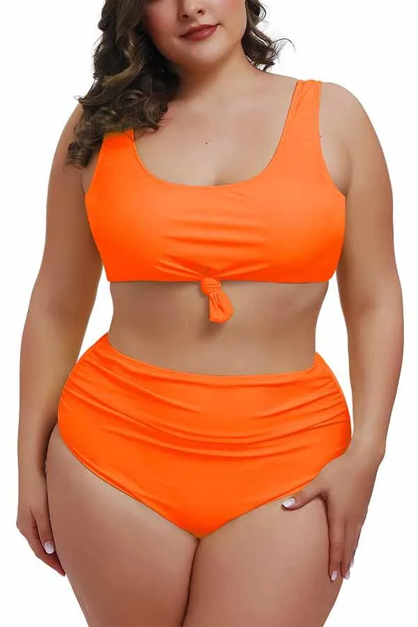 Plus Size Knotted Crop Top High Waisted Two Piece Swimsuit