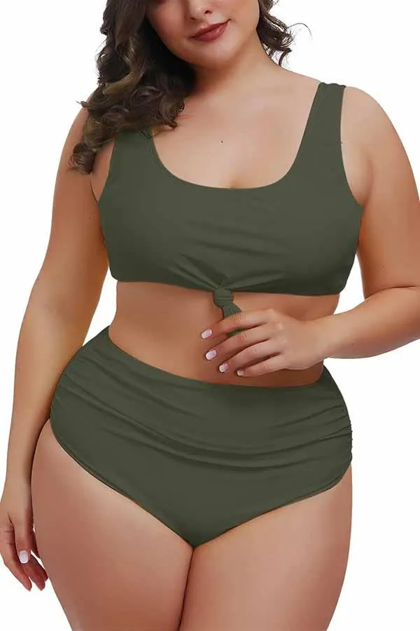 Plus Size Knotted Crop Top High Waisted Two Piece Swimsuit