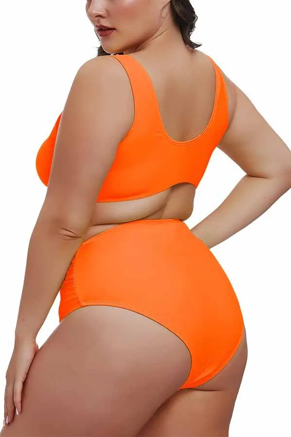 Plus Size Knotted Crop Top High Waisted Two Piece Swimsuit