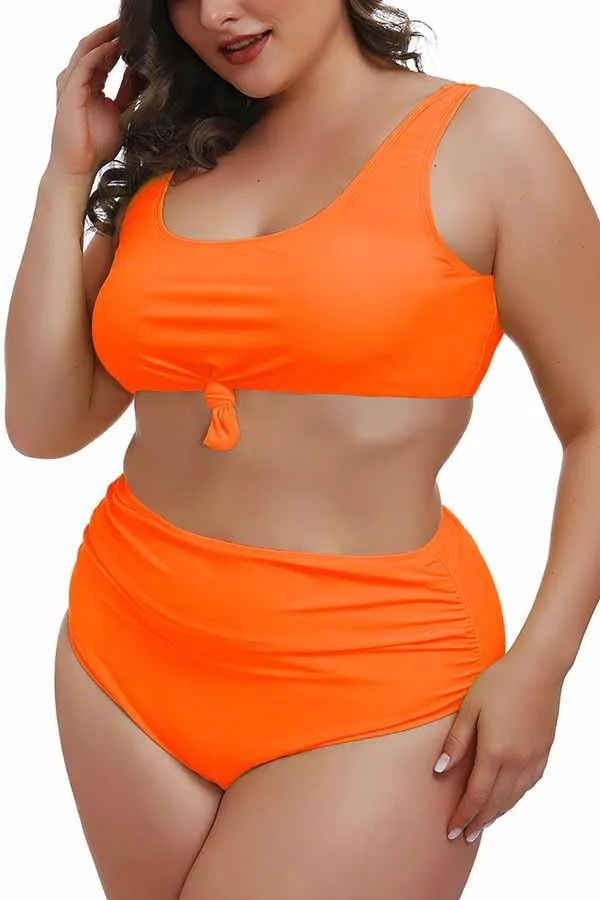 Plus Size Knotted Crop Top High Waisted Two Piece Swimsuit