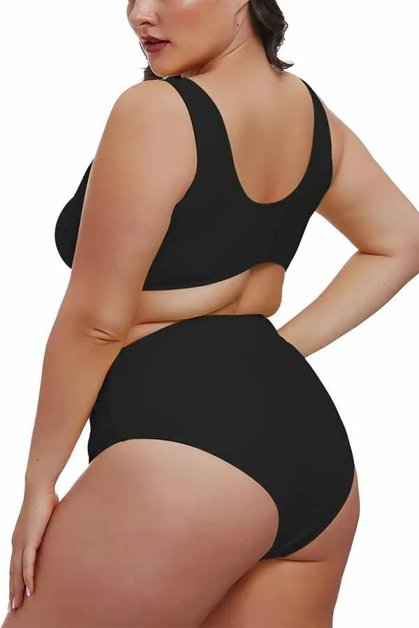 Plus Size Knotted Crop Top High Waisted Two Piece Swimsuit
