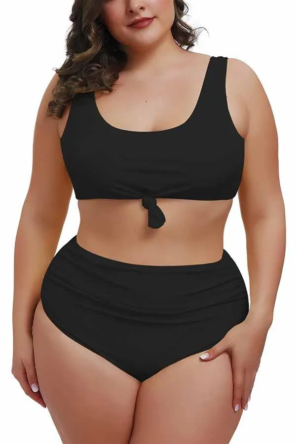 Plus Size Knotted Crop Top High Waisted Two Piece Swimsuit