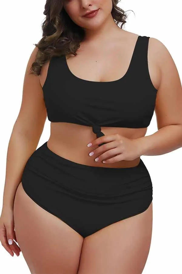 Plus Size Knotted Crop Top High Waisted Two Piece Swimsuit