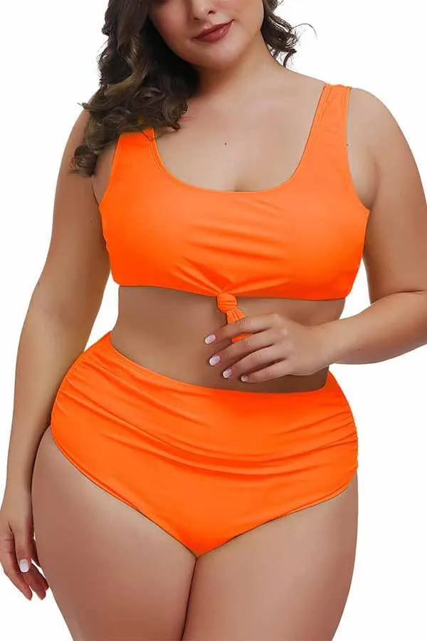 Plus Size Knotted Crop Top High Waisted Two Piece Swimsuit