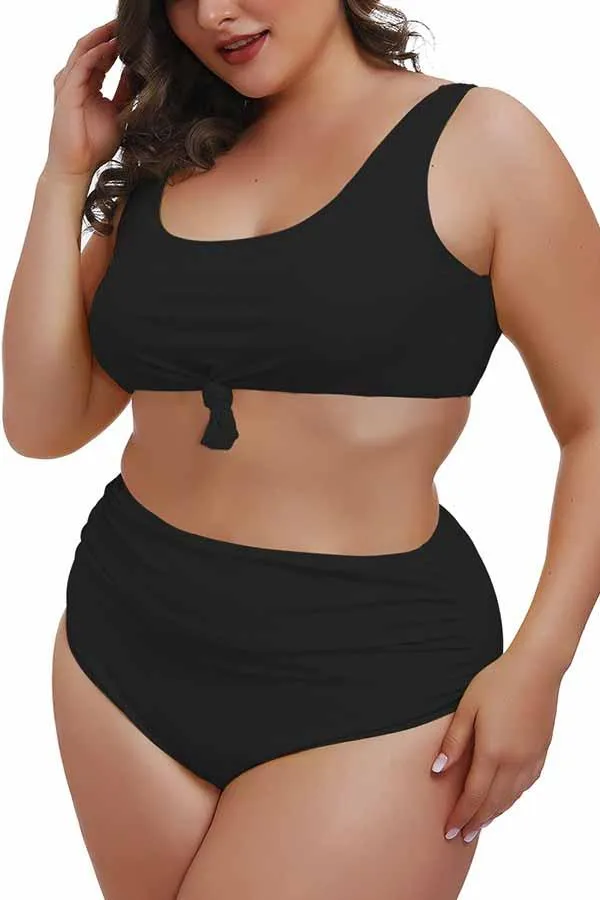 Plus Size Knotted Crop Top High Waisted Two Piece Swimsuit