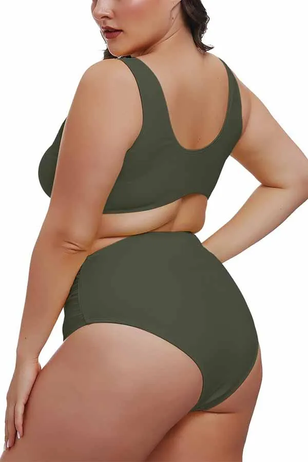 Plus Size Knotted Crop Top High Waisted Two Piece Swimsuit