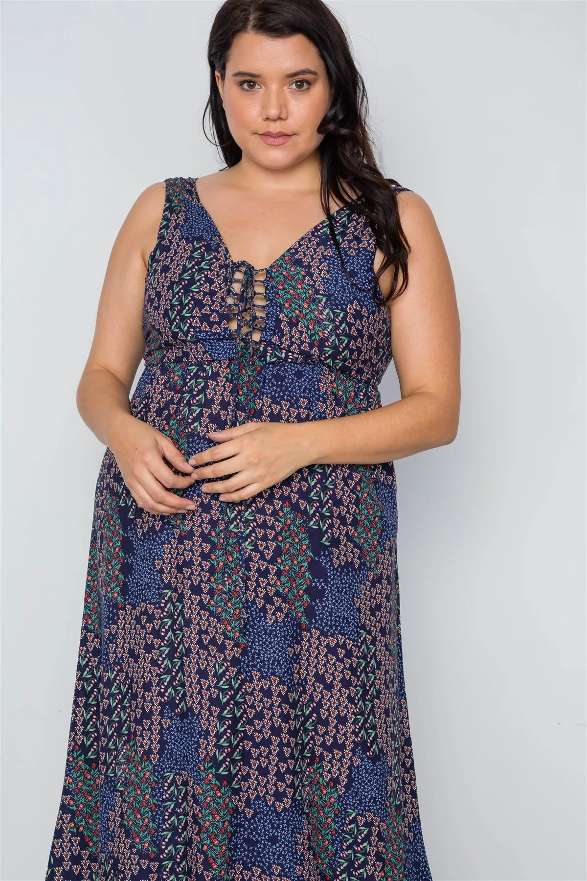 Plus Size Multi Navy Sleeveless Lace Up Maxi Boho Dress