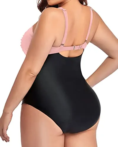 Plus Size One Piece Swimsuits Tummy Control Twist Front Ruched Swimwear-Pink And Black