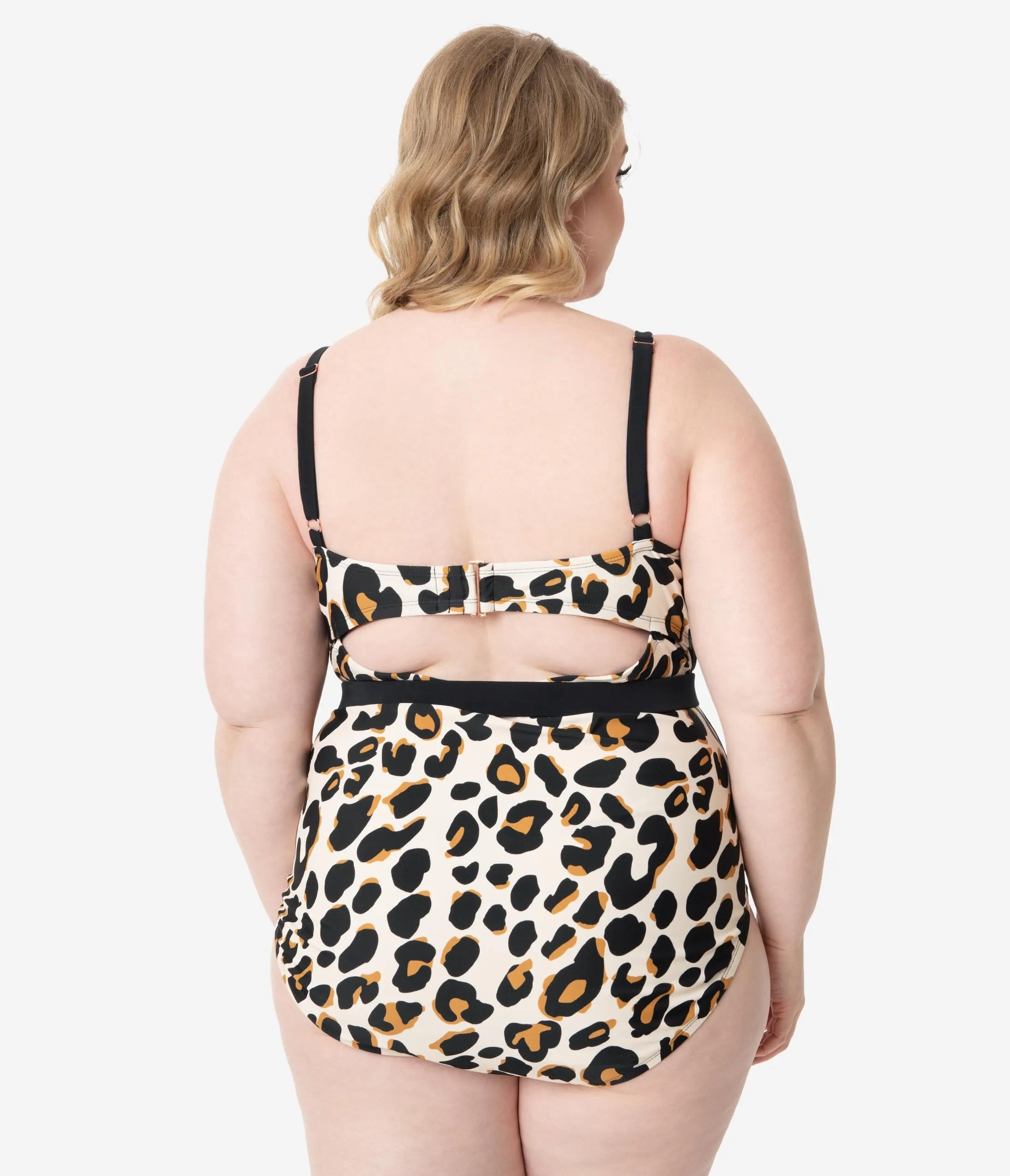 Plus Size Retro Style Leopard Print Belted One Piece Swimsuit