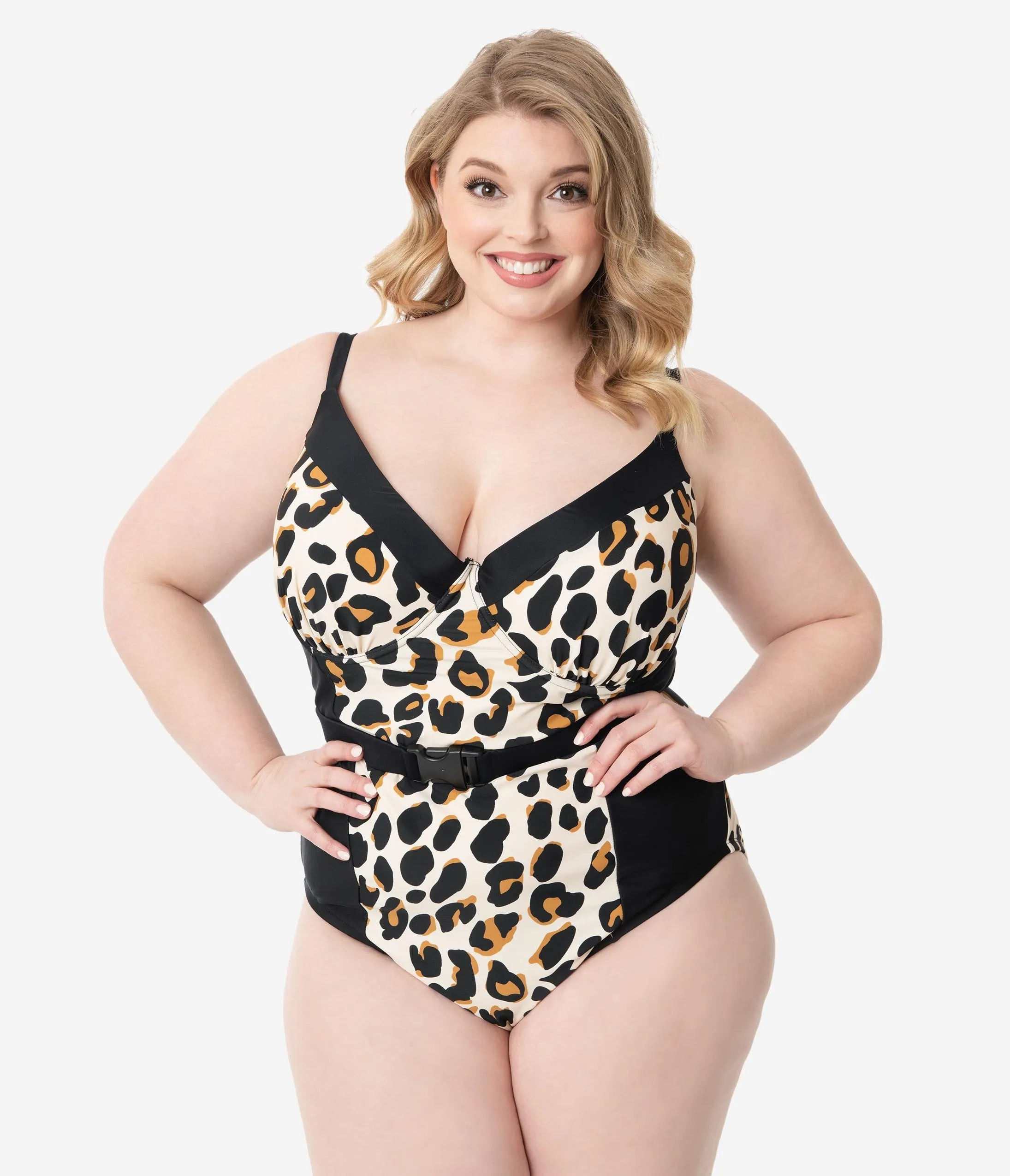 Plus Size Retro Style Leopard Print Belted One Piece Swimsuit
