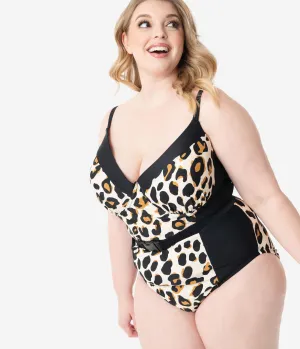 Plus Size Retro Style Leopard Print Belted One Piece Swimsuit