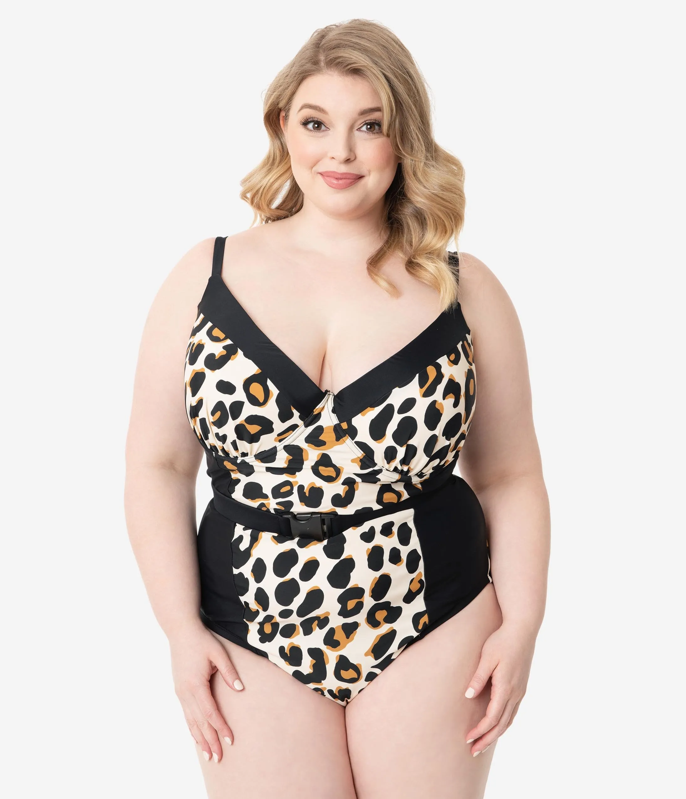 Plus Size Retro Style Leopard Print Belted One Piece Swimsuit