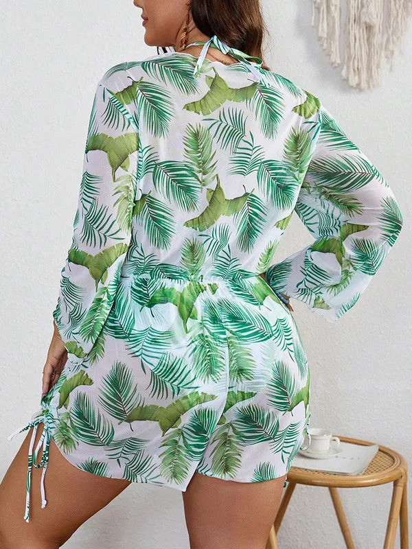 Plus Size Short Drawstring Side Halter Neck Bikini Set With Cover Up White