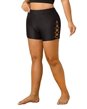 Plus Size Swim Shorts With High Waist Tummy Control For Women-Black