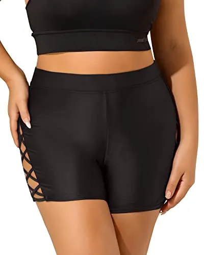 Plus Size Swim Shorts With High Waist Tummy Control For Women-Black