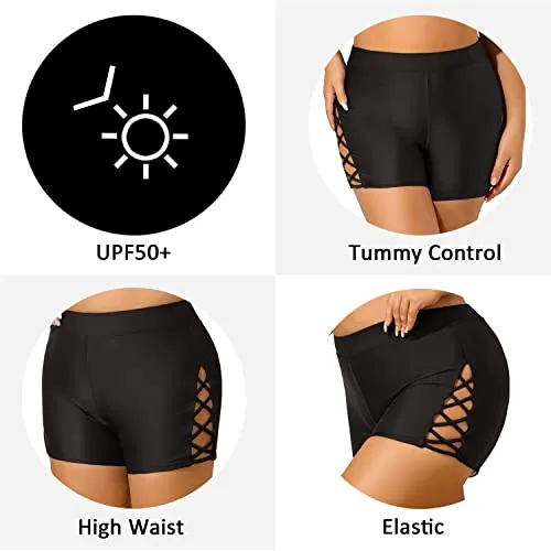 Plus Size Swim Shorts With High Waist Tummy Control For Women-Black