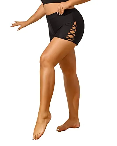 Plus Size Swim Shorts With High Waist Tummy Control For Women-Black