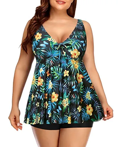 Plus Size Tankini Padded Push Up Bra For Women Tummy Control-Black Leaf