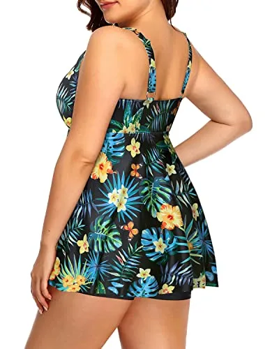Plus Size Tankini Padded Push Up Bra For Women Tummy Control-Black Leaf