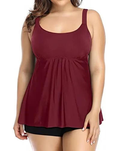 Plus Size Tankini Set With Scoop Neck Tankini Top And Boy Shorts-Maroon