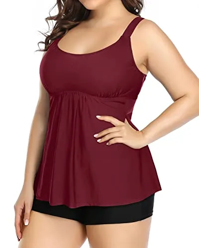 Plus Size Tankini Set With Scoop Neck Tankini Top And Boy Shorts-Maroon