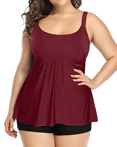 Plus Size Tankini Set With Scoop Neck Tankini Top And Boy Shorts-Maroon