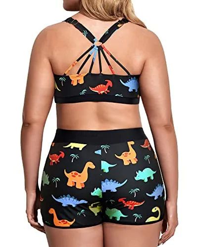 Plus Size Tankini Set With Sports Bra And Boy Shorts-Black Dinosaur