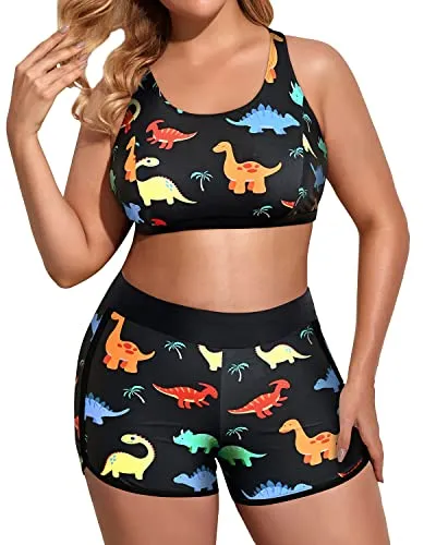 Plus Size Tankini Set With Sports Bra And Boy Shorts-Black Dinosaur