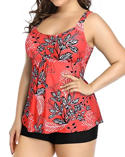 Plus Size Tankini Swimsuits With Boy Shorts For Women-Red Floral