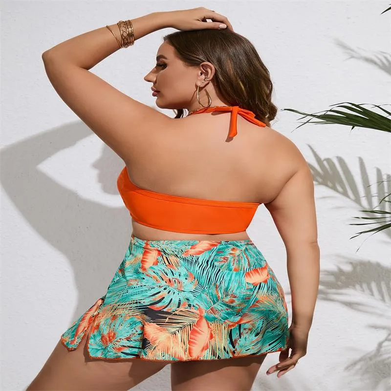 Plus Size Tropical Print Knot Front Halter Swim Dress Multicolor