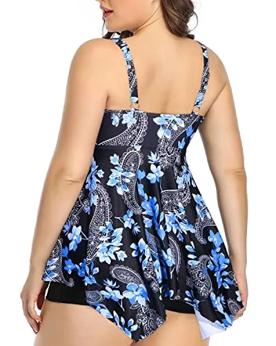 Plus Size Tummy Control Swimwear 2 Piece Tankini Bathing Suits-Black Floral