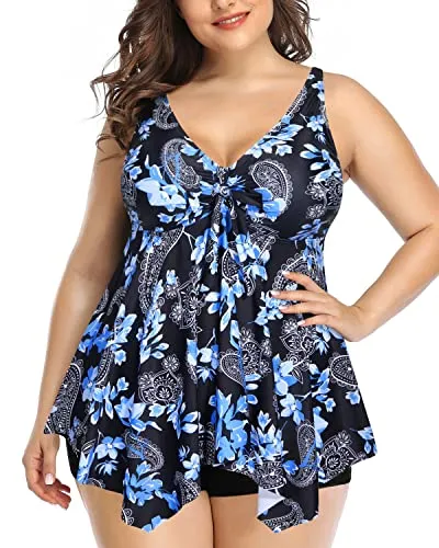 Plus Size Tummy Control Swimwear 2 Piece Tankini Bathing Suits-Black Floral