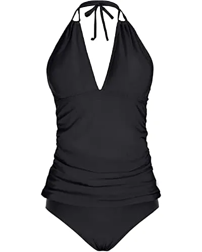 Plus Size Two Piece Swimwear Halter V Neck Tankini