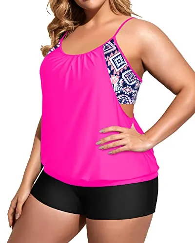 Plus Size Two Piece Tankini Set Tummy Control Push Up Tankini Top Complete Bathing Suit